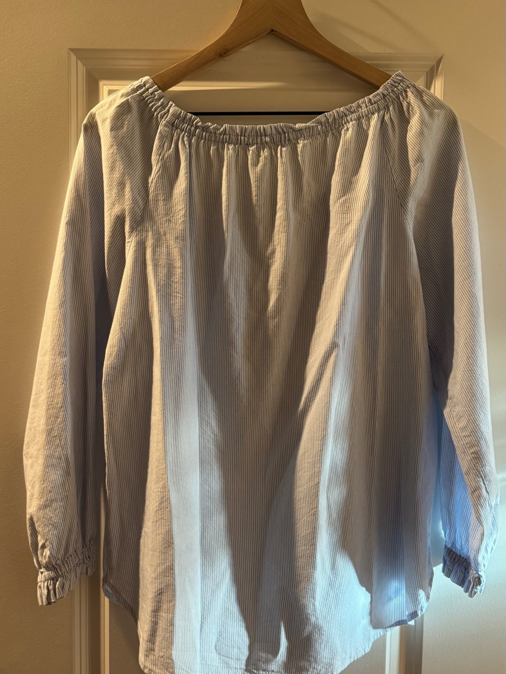 LOFT Light Blue Striped Off-Shoulder Blouse Womens M coastal top peasant cottage - Picture 5 of 5